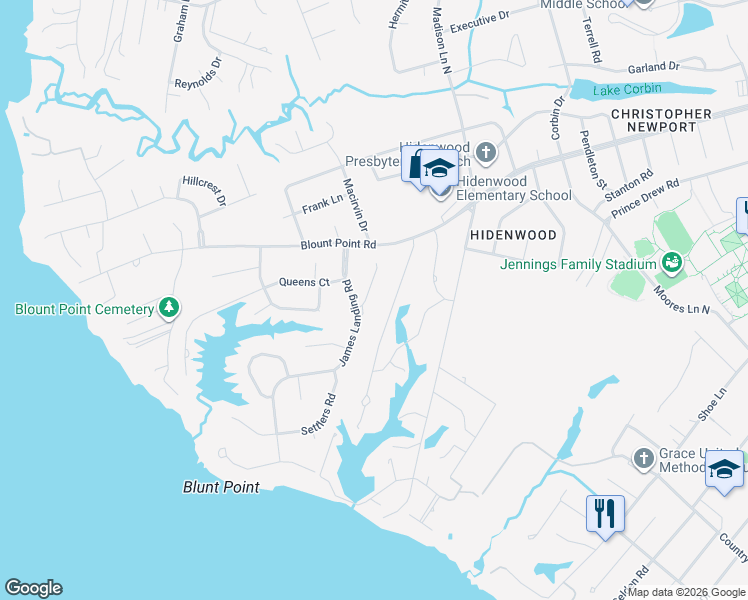 map of restaurants, bars, coffee shops, grocery stores, and more near 126 Stage Road in Newport News
