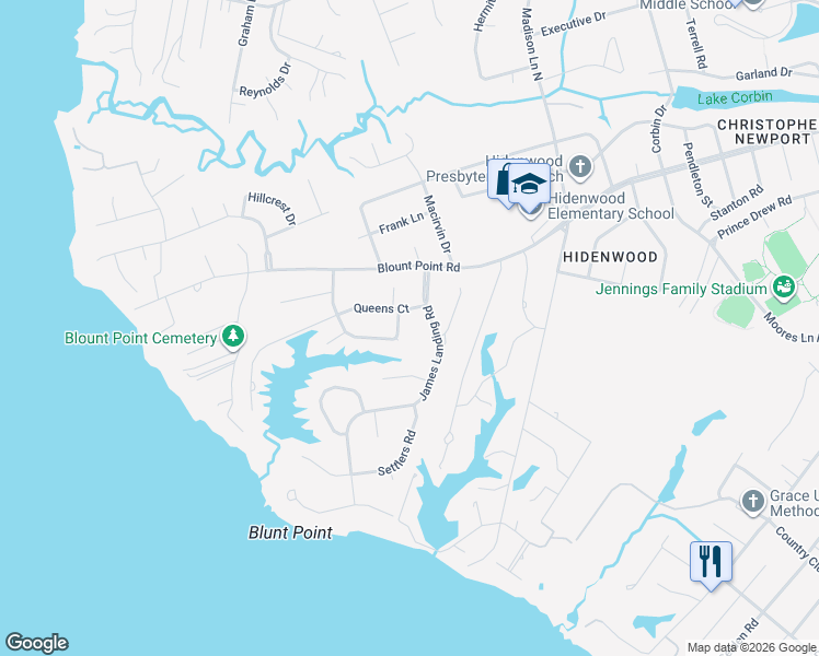 map of restaurants, bars, coffee shops, grocery stores, and more near 119 James Landing Road in Newport News