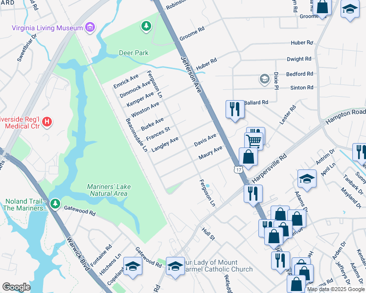 map of restaurants, bars, coffee shops, grocery stores, and more near 23 Davis Avenue in Newport News