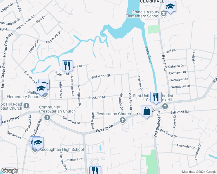 map of restaurants, bars, coffee shops, grocery stores, and more near 471 Alma Court in Hampton