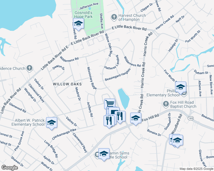 map of restaurants, bars, coffee shops, grocery stores, and more near 301 Missionary Ridge in Hampton