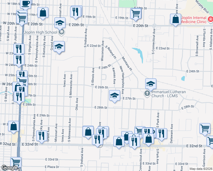 map of restaurants, bars, coffee shops, grocery stores, and more near 1211 E 26th St in Joplin
