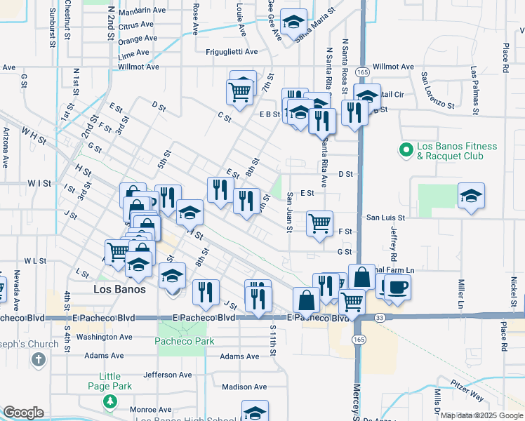 map of restaurants, bars, coffee shops, grocery stores, and more near 902 F Street in Los Banos