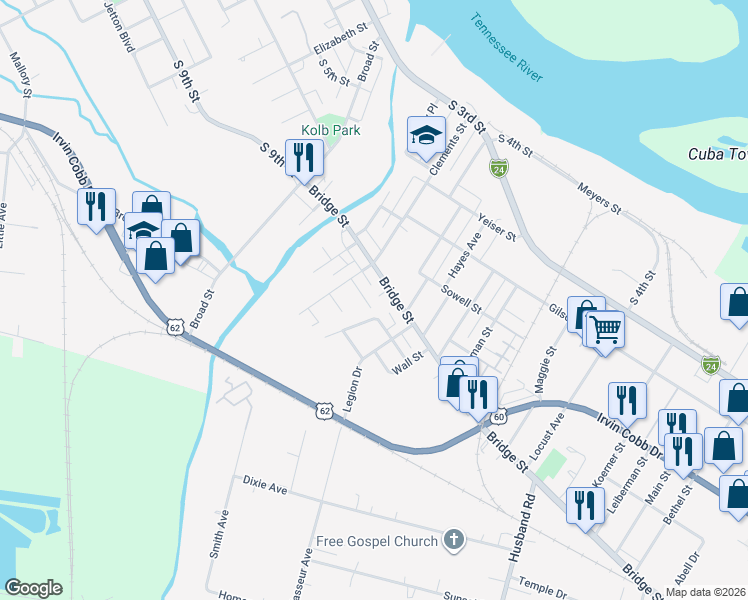 map of restaurants, bars, coffee shops, grocery stores, and more near 1902 Hendricks Street in Paducah