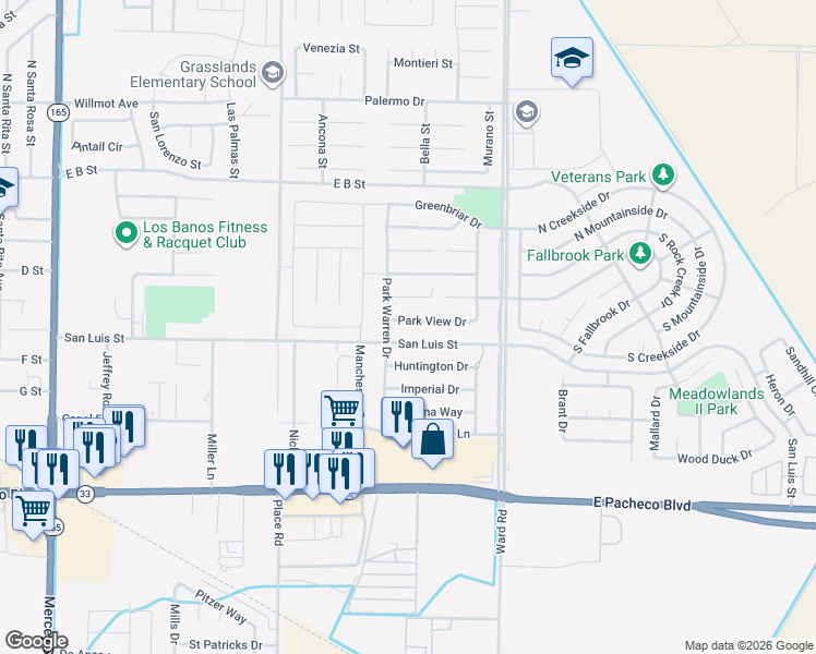 map of restaurants, bars, coffee shops, grocery stores, and more near 2115 Park View Drive in Los Banos