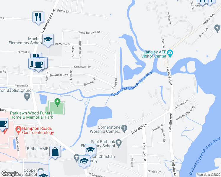 map of restaurants, bars, coffee shops, grocery stores, and more near 39 Diggs Drive in Hampton