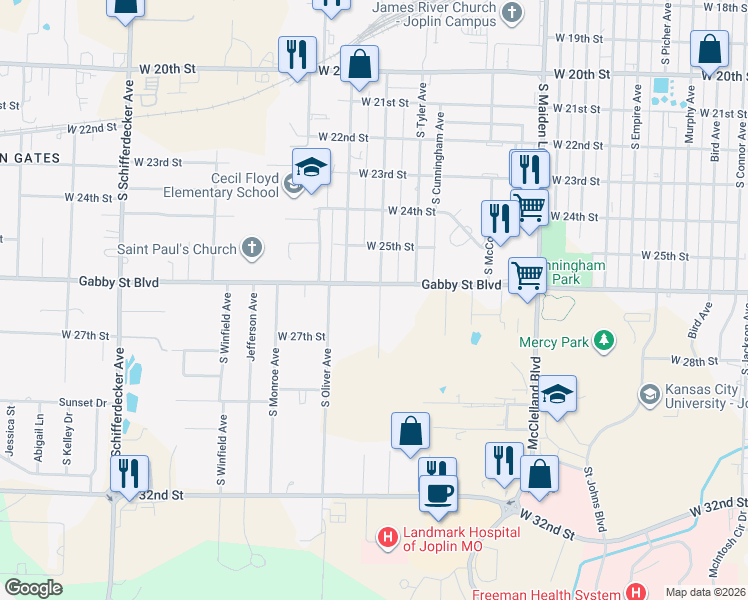 map of restaurants, bars, coffee shops, grocery stores, and more near 2612 South Adele Avenue in Joplin