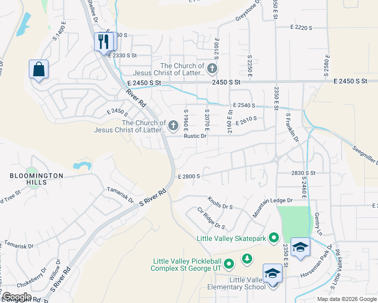 map of restaurants, bars, coffee shops, grocery stores, and more near 1970 East 2710 South Circle in Saint George