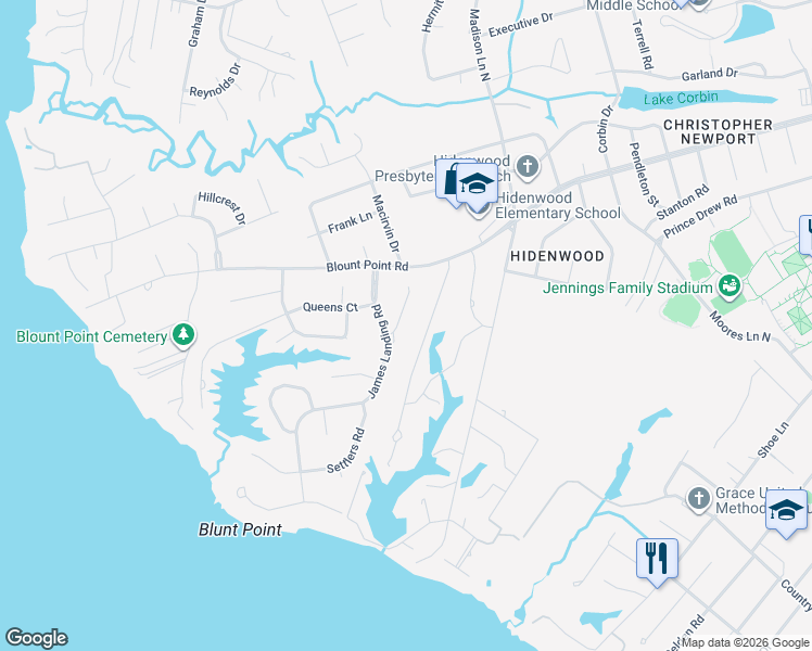 map of restaurants, bars, coffee shops, grocery stores, and more near 126 Stage Road in Newport News