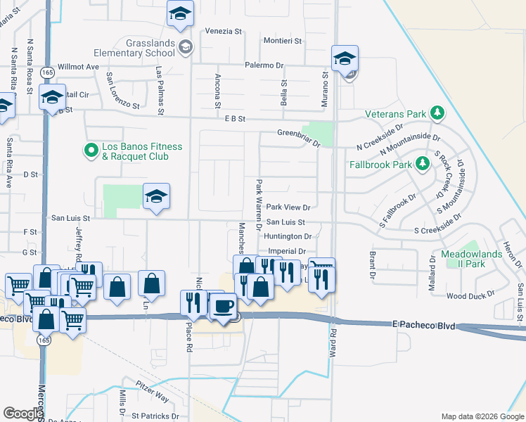map of restaurants, bars, coffee shops, grocery stores, and more near 2115 Park View Drive in Los Banos