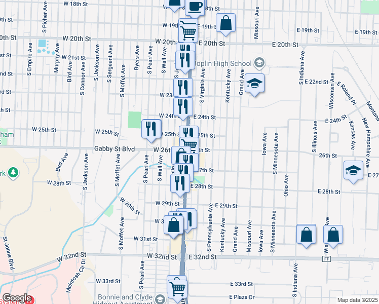 map of restaurants, bars, coffee shops, grocery stores, and more near 2698 South Virginia Avenue in Joplin