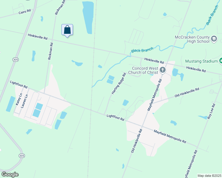 map of restaurants, bars, coffee shops, grocery stores, and more near 195 Harting Ridge Road in West Paducah