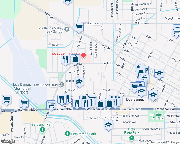map of restaurants, bars, coffee shops, grocery stores, and more near Illinois Avenue in Los Banos