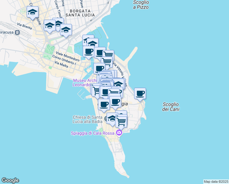 map of restaurants, bars, coffee shops, grocery stores, and more near 17 Via Tintori in Siracusa