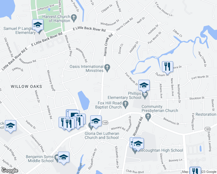 map of restaurants, bars, coffee shops, grocery stores, and more near 1 Wisteria Lane in Hampton
