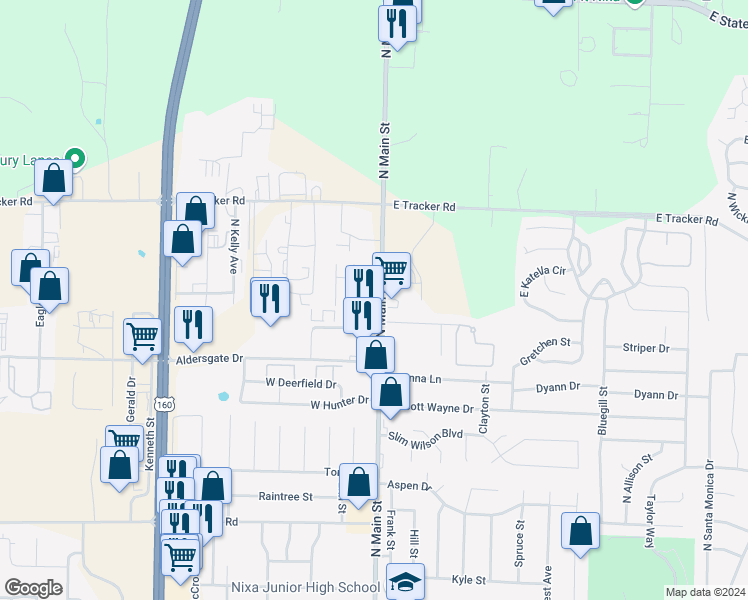 map of restaurants, bars, coffee shops, grocery stores, and more near 1203 North Main Street in Nixa