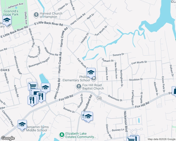 map of restaurants, bars, coffee shops, grocery stores, and more near 347 Cabot Drive in Hampton