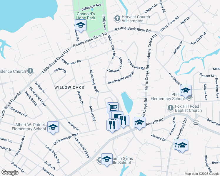 map of restaurants, bars, coffee shops, grocery stores, and more near 301 Missionary Ridge in Hampton