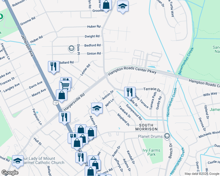 map of restaurants, bars, coffee shops, grocery stores, and more near 802 Terrace Drive in Newport News