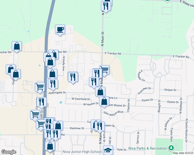 map of restaurants, bars, coffee shops, grocery stores, and more near 1201 Viola Street in Nixa