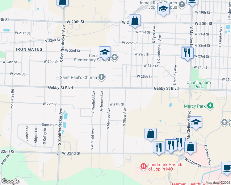 map of restaurants, bars, coffee shops, grocery stores, and more near 2216 West 26th Street in Joplin