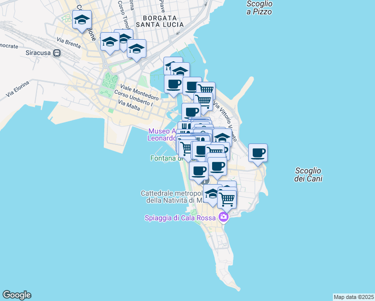 map of restaurants, bars, coffee shops, grocery stores, and more near 36 Via dei Cordari in Siracusa