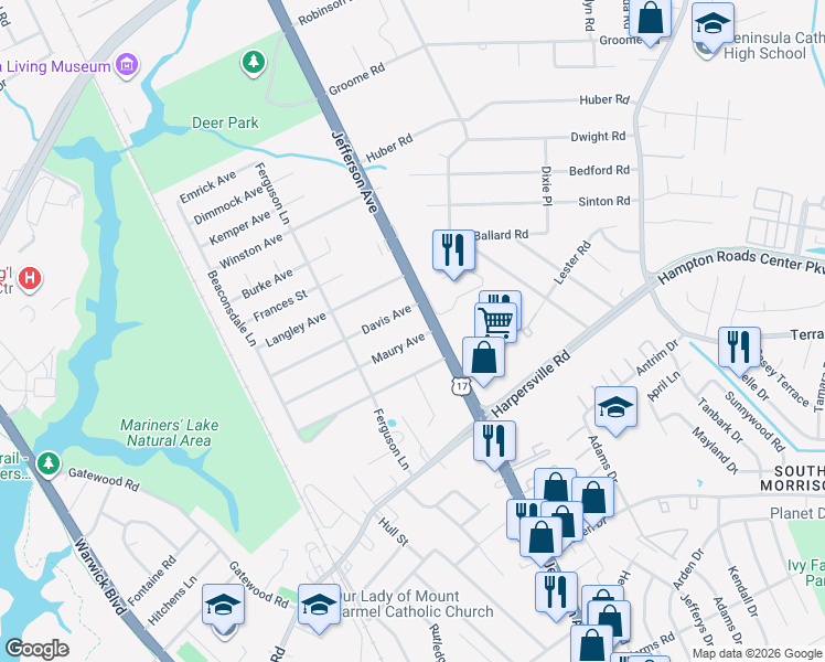 map of restaurants, bars, coffee shops, grocery stores, and more near 43 Maury Avenue in Newport News