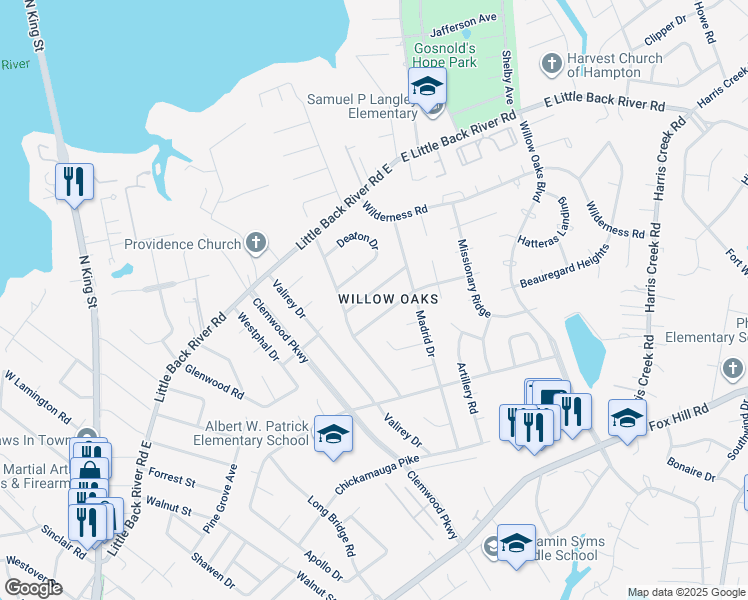map of restaurants, bars, coffee shops, grocery stores, and more near 312 Rudisill Road in Hampton