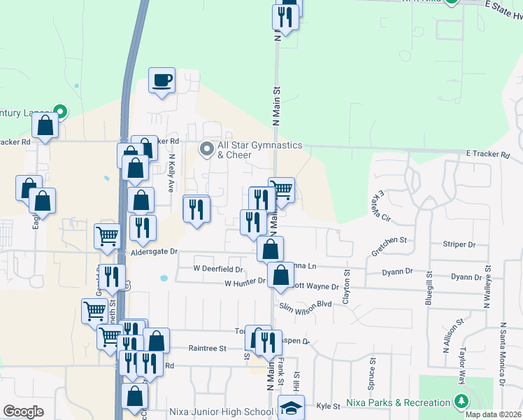 map of restaurants, bars, coffee shops, grocery stores, and more near 1201 Viola Street in Nixa