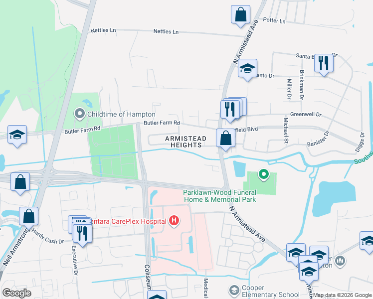 map of restaurants, bars, coffee shops, grocery stores, and more near 23 Rendon Drive in Hampton