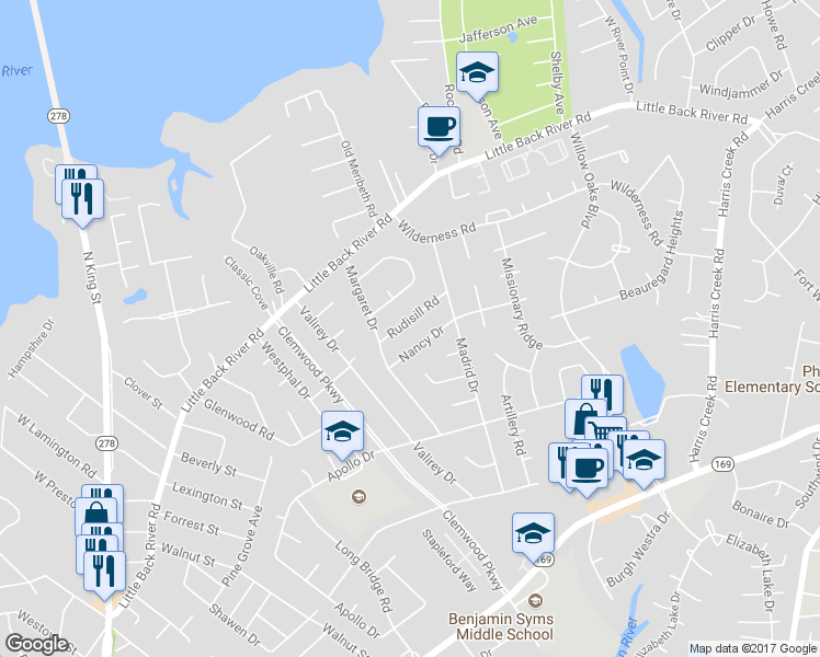 map of restaurants, bars, coffee shops, grocery stores, and more near 312 Rudisill Road in Hampton