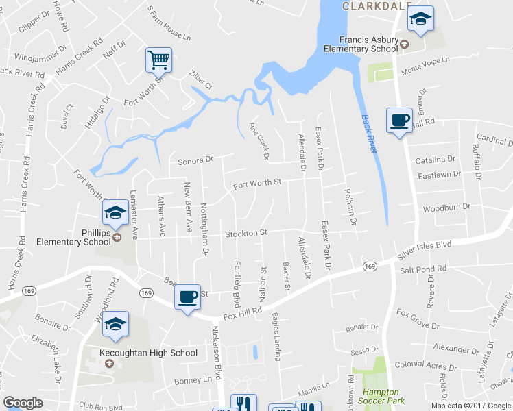 map of restaurants, bars, coffee shops, grocery stores, and more near 474 Duchess Court in Hampton
