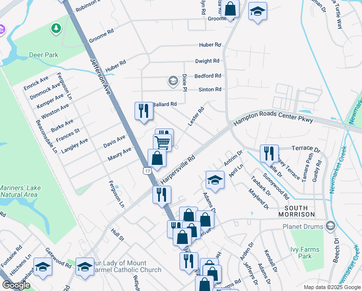 map of restaurants, bars, coffee shops, grocery stores, and more near 440 Lester Road in Newport News