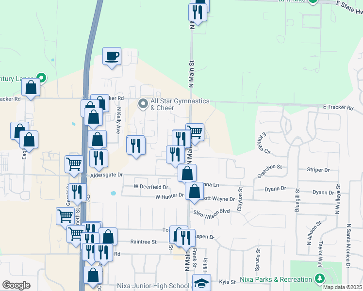 map of restaurants, bars, coffee shops, grocery stores, and more near 1201 Viola Street in Nixa