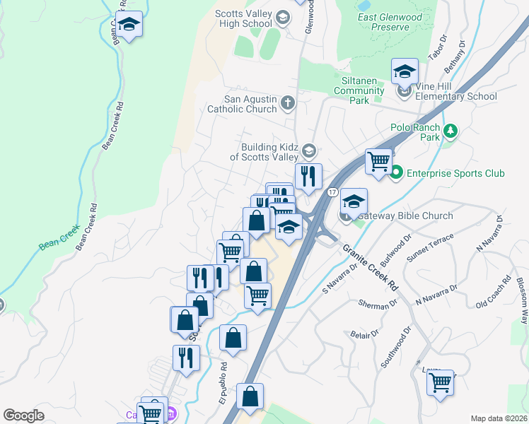 map of restaurants, bars, coffee shops, grocery stores, and more near 5615 Scotts Valley Drive in Scotts Valley