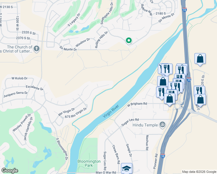 map of restaurants, bars, coffee shops, grocery stores, and more near 531 Rio Virgin Dr in St George