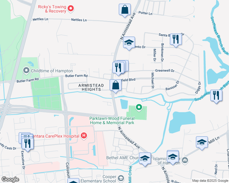 map of restaurants, bars, coffee shops, grocery stores, and more near 2632 North Armistead Avenue in Hampton