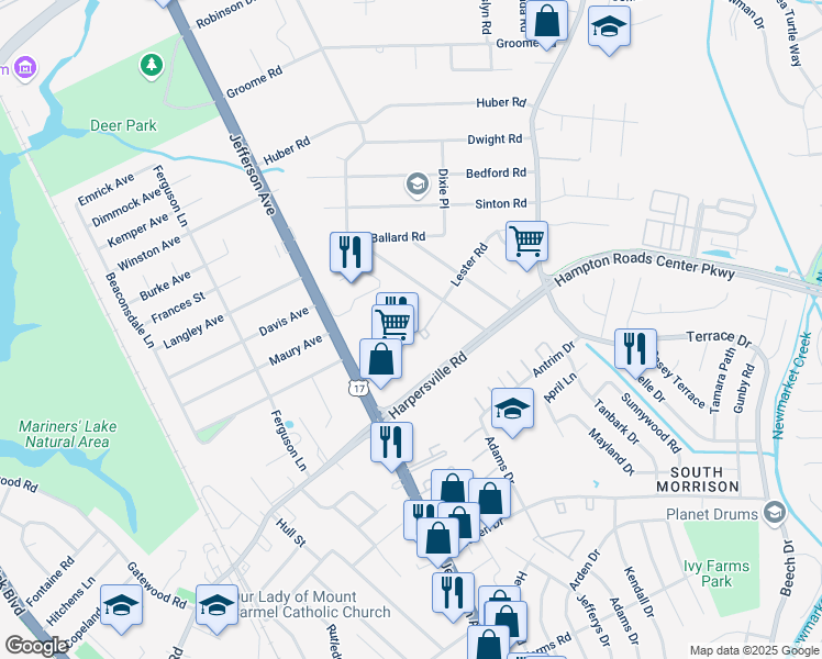 map of restaurants, bars, coffee shops, grocery stores, and more near 438 Lester Road in Newport News