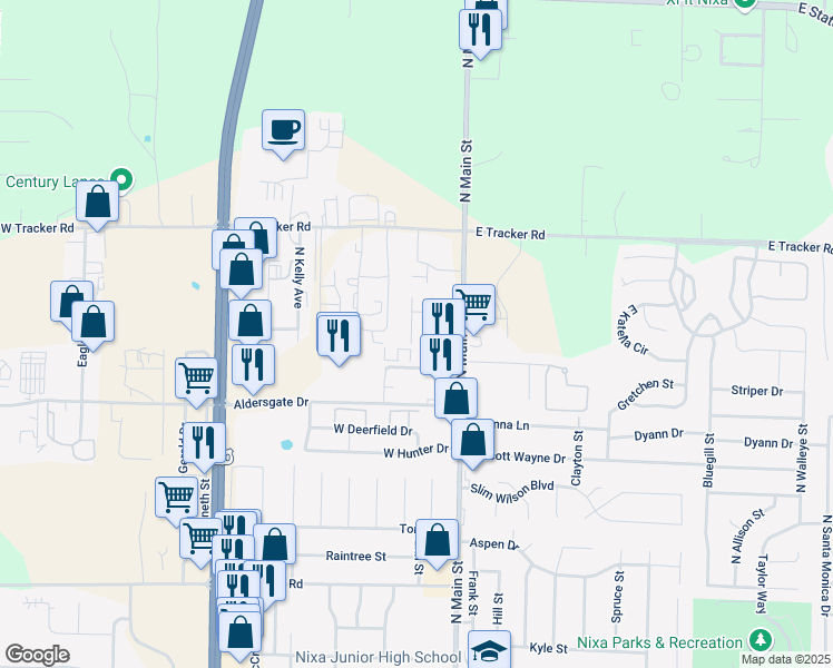 map of restaurants, bars, coffee shops, grocery stores, and more near 1201 Viola Street in Nixa