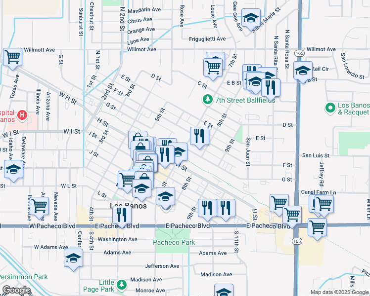map of restaurants, bars, coffee shops, grocery stores, and more near 621 G Street in Los Banos