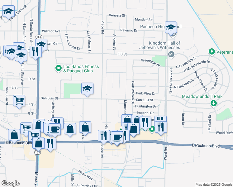 map of restaurants, bars, coffee shops, grocery stores, and more near 2052 Edward Street in Los Banos