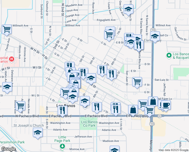 map of restaurants, bars, coffee shops, grocery stores, and more near 621 G Street in Los Banos