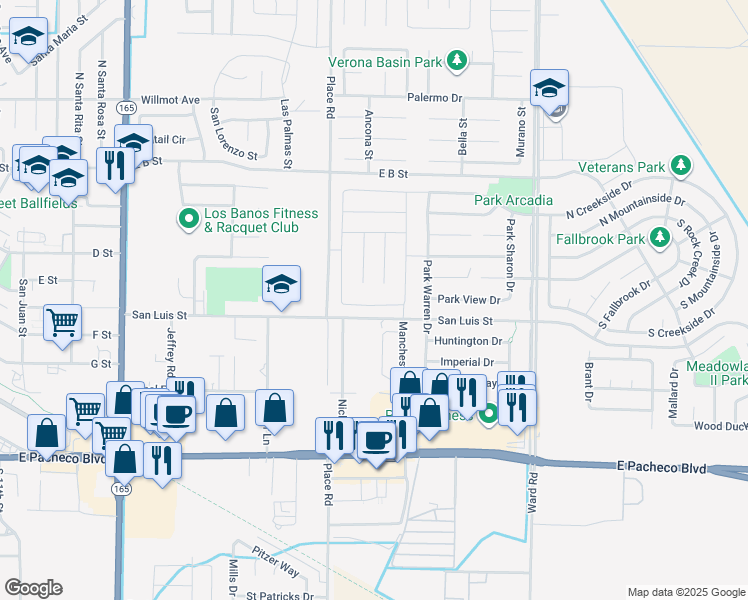 map of restaurants, bars, coffee shops, grocery stores, and more near 2052 Edward Street in Los Banos