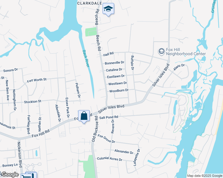 map of restaurants, bars, coffee shops, grocery stores, and more near 5 Woodburn Drive in Hampton