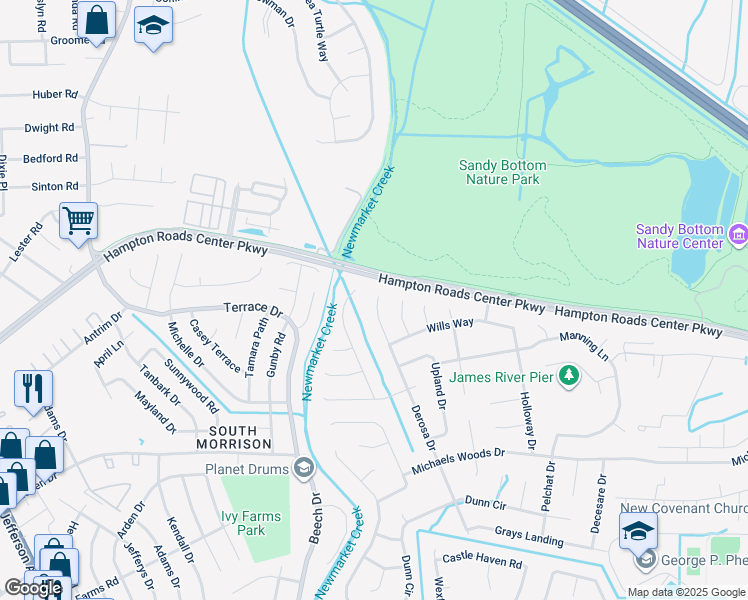 map of restaurants, bars, coffee shops, grocery stores, and more near 261 Derosa Drive in Hampton