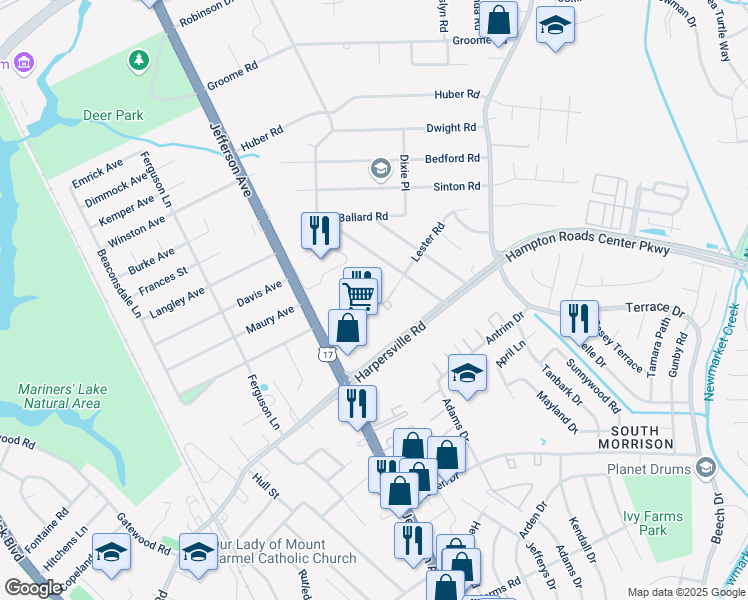 map of restaurants, bars, coffee shops, grocery stores, and more near 438 Lester Road in Newport News