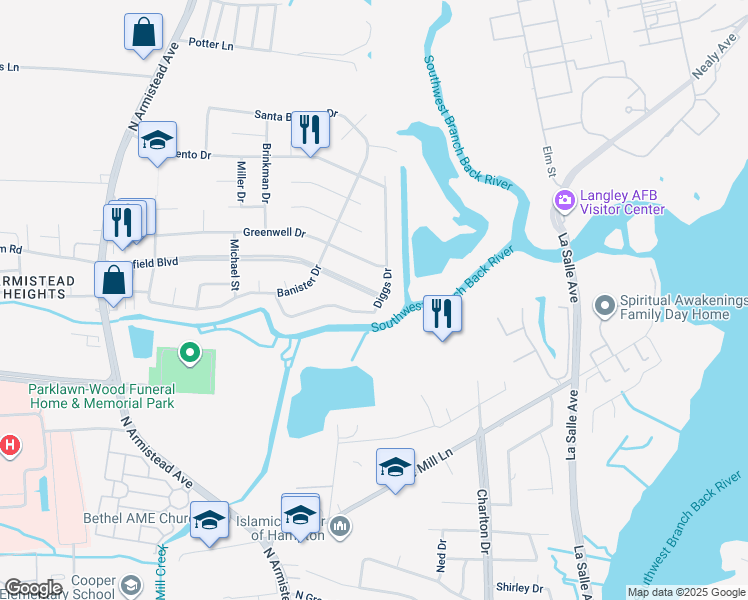 map of restaurants, bars, coffee shops, grocery stores, and more near 45 Diggs Drive in Hampton