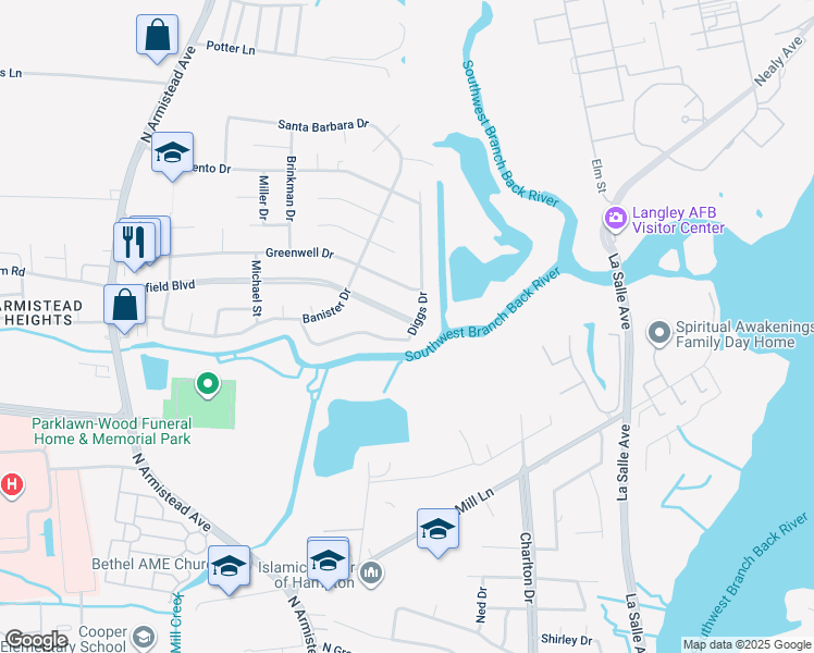 map of restaurants, bars, coffee shops, grocery stores, and more near 45 Diggs Drive in Hampton