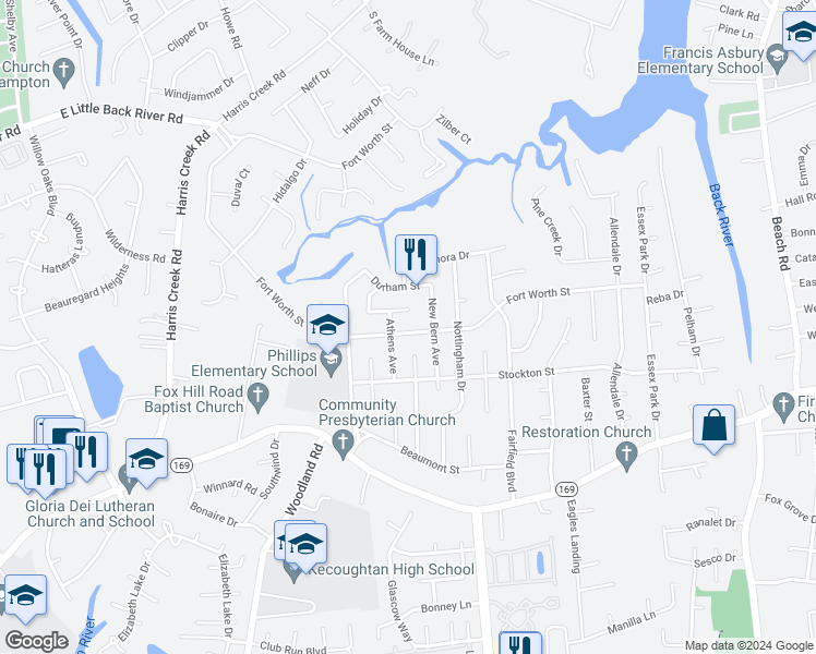 map of restaurants, bars, coffee shops, grocery stores, and more near 427 Fort Worth Street in Hampton