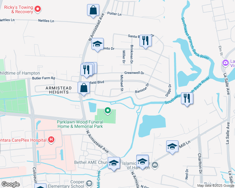 map of restaurants, bars, coffee shops, grocery stores, and more near 39 Banister Drive in Hampton